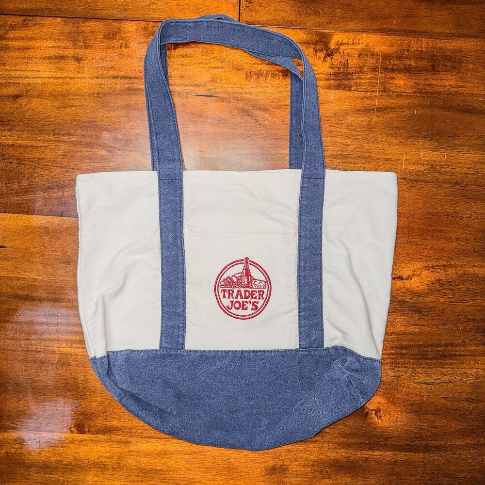 Trader Joes Canvas Tote Bag Large Blue Reusable Grocery Shopping Eco